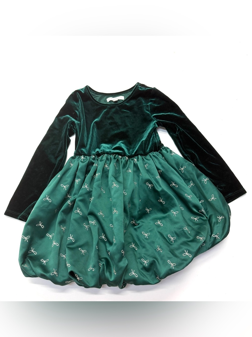 Audrey Camille Girls' Emerald Green Velvet & Bow Embroidered Dress